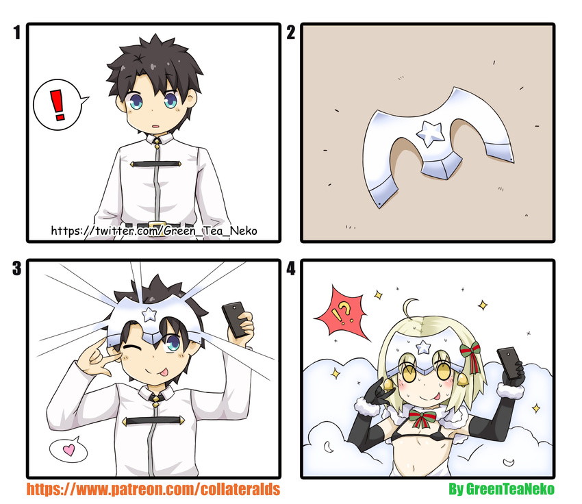 !? 1boy 1girl 4koma ;p ? absurdres ahoge bikini_top black_gloves blonde_hair blue_eyes blush brown_hair comic commentary_request fate/grand_order fate_(series) fujimaru_ritsuka_(male) fur_collar fur_trim genderswap genderswap_(mtf) gloves greenteaneko hair_ornament hair_ribbon heart highres jeanne_d'arc_(fate)_(all) jeanne_d'arc_alter_santa_lily one_eye_closed patreon_username phone ribbon self_shot short_hair sparkle spoken_exclamation_mark spoken_heart spoken_question_mark sweat tongue tongue_out transformation twitter_username yellow_eyes