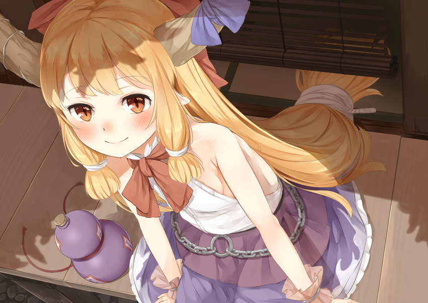 backless_outfit bamboo_screen bare_shoulders blue_bow blush bow bowtie breasts chain flat_chest from_above gourd hair_bow highres horn_bow horn_ribbon horns ibuki_suika long_hair looking_at_viewer low-tied_long_hair nishiuri orange_eyes orange_hair pointy_ears porch purple_skirt red_bow red_neckwear ribbon shade shirt sideboob sidelocks sitting skirt sleeveless sleeveless_shirt slit_pupils smile solo tassel touhou very_long_hair white_shirt wrist_cuffs