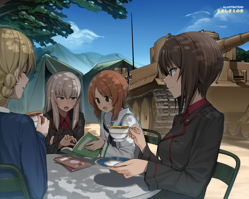 black_jacket blonde_hair book braid brown_eyes brown_hair caterpillar_tracks cup darjeeling emblem girls_und_panzer ground_vehicle highres itsumi_erika jacket kuromorimine_(emblem) kuromorimine_military_uniform long_hair military military_uniform military_vehicle motor_vehicle multiple_girls nishizumi_maho nishizumi_miho ooarai_school_uniform red_shirt shirt short_hair silver_hair st._gloriana's_school_uniform tank teacup tent tied_hair tiger_i uniform