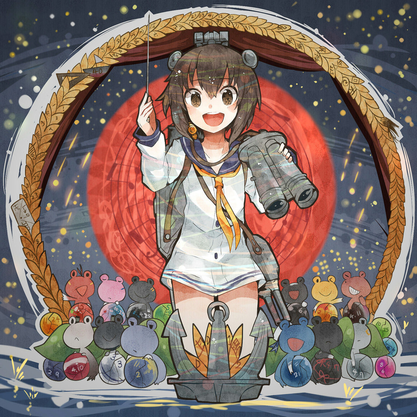 &gt;_o :&lt; :d ^_^ akigumo_(kantai_collection) amatsukaze_(kantai_collection) anchor animalization baton_(instrument) beamed_eighth_notes binoculars blush brown_eyes brown_hair cannon closed_eyes closed_mouth collarbone conductor dated dress eighth_note frog hair_ornament half_note hamakaze_(kantai_collection) hatsukaze_(kantai_collection) headgear highres holding isokaze_(kantai_collection) itomugi-kun kagerou_(kantai_collection) kantai_collection kuroshio_(kantai_collection) long_sleeves looking_at_viewer maikaze_(kantai_collection) musical_note neckerchief number one_eye_closed open_mouth orchestra quarter_note revision sailor_dress shiranui_(kantai_collection) short_hair smile staff_(music) tanikaze_(kantai_collection) tokitsukaze_(kantai_collection) torpedo translated turret urakaze_(kantai_collection) white_dress yukikaze_(kantai_collection)