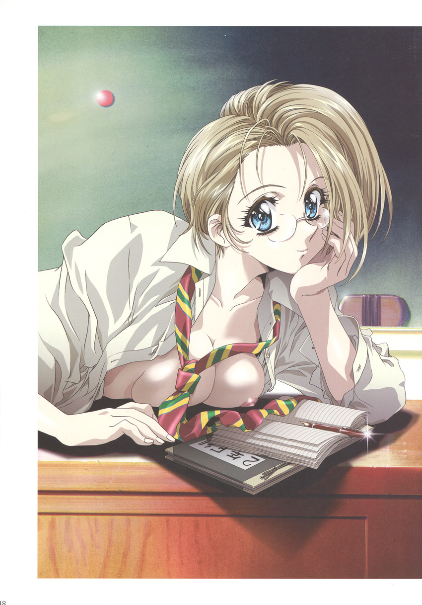 1girl absurdres bangs blonde_hair blue_eyes breasts chin_rest classroom collarbone highres indoors kawarajima_kou looking_at_viewer medium_breasts necktie nipples notepad open_clothes original pen scan shiny shirt short_hair smile solo white_shirt