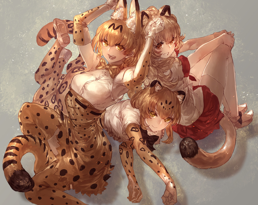 animal_ears armpits bangs blonde_hair bow bowtie brown_eyes grin hair_between_eyes highres jaguar_(kemono_friends) jaguar_ears jaguar_print jaguar_tail kemono_friends lion_(kemono_friends) lion_ears lion_tail long_hair looking_at_viewer lying multiple_girls open_mouth paw_pose platinum_blonde_hair red_skirt serval_(kemono_friends) serval_ears serval_print serval_tail shiny shiny_hair shirt shoes short_hair short_sleeves signo_aaa sitting skirt sleeveless sleeveless_shirt smile tail teeth thighhighs thighs white_shirt yellow_eyes