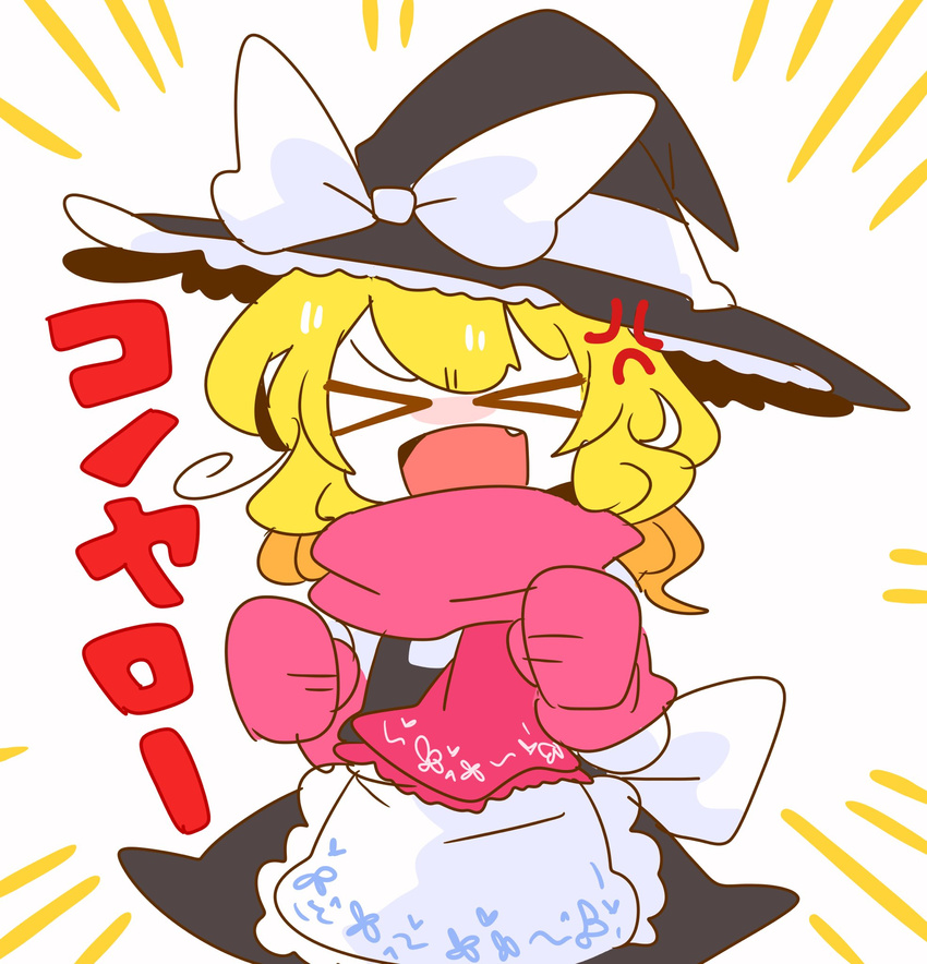 &gt;_&lt; anger_vein angry apron blonde_hair blush chibi clenched_hands closed_eyes commentary d: dx fang gloves hat hidden_star_in_four_seasons highres kirisame_marisa mittens op_na_yarou open_mouth pink_mittens scarf short_hair solo touhou translated waist_apron witch_hat