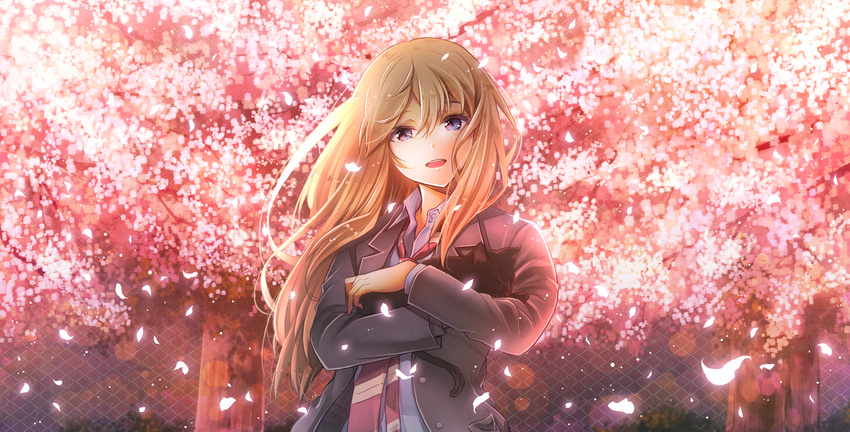 animal bangs black_cat black_jacket blonde_hair blue_eyes blue_shirt cat chain-link_fence cherry_blossoms collared_shirt commentary_request fence furai hair_between_eyes highres holding holding_animal holding_cat jacket long_hair long_sleeves looking_at_viewer miyazono_kawori necktie open_mouth outdoors petals school_uniform shigatsu_wa_kimi_no_uso shirt smile solo tree wing_collar