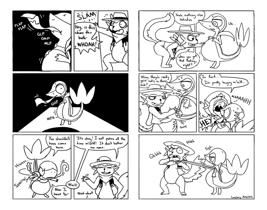 2016 belly big_belly clothed clothing comic dialogue digital_media_(artwork) duo english_text feral leander line_art longlevy looking_at_viewer mammal mead monochrome nintendo oral_vore partially_clothed pok&eacute;mon reptile scalie simple_background skunk snake snivy speech_bubble standing stunky text toony video_games vore white_background