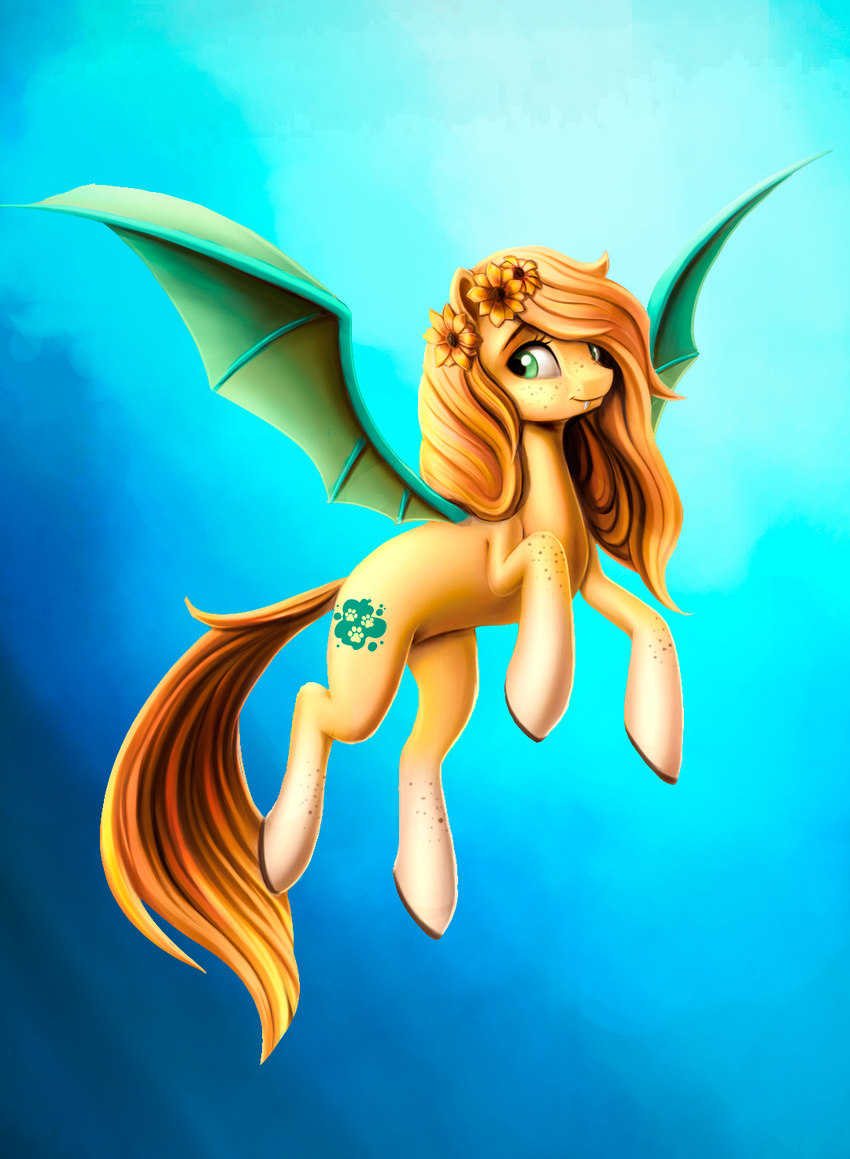 blonde_hair cutie_mark equine eyelashes fan_character female feral gradient_background green_eyes hair l1nkoln mammal membranous_wings my_little_pony simple_background smile solo wings
