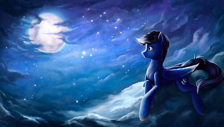 black_hair blue_eyes blue_feathers blue_fur cutie_mark detailed_background equine fan_character feathers feral fur hair hooves l1nkoln male mammal moon my_little_pony night outside pegasus sky solo star starry_sky wings