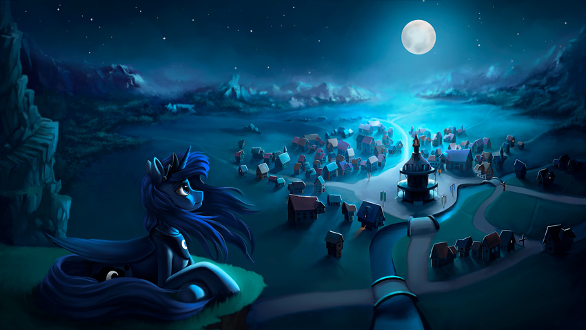 blue_eyes blue_feathers blue_fur blue_hair cutie_mark equine feathered_wings feathers feral friendship_is_magic fur gradient_background grass hair hi_res hooves horn l1nkoln lying mammal my_little_pony night outside ponyville princess_luna_(mlp) simple_background sky solo star starry_sky winged_unicorn wings
