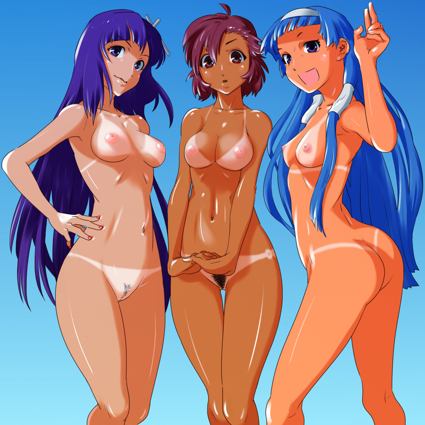 :d :o aoba_tsugumi ass asymmetrical_bangs bangs bikini_tan blue_background blue_eyes blue_hair blush breasts brown_eyes brown_hair closed_mouth collarbone cross_hair_ornament hair_ornament hair_over_shoulder hair_tubes hairband hand_on_hip head_tilt interlocked_fingers kannagi long_hair looking_back medium_breasts multiple_girls nagi nail_polish navel nipples nude open_mouth own_hands_together parted_lips pubic_hair purple_eyes purple_hair red_nails shiny shiny_skin short_hair simple_background small_breasts smile standing suesan tan tanline thigh_gap twisted_torso uncensored very_long_hair zange