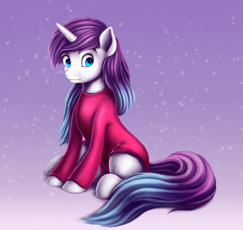 blue_eyes clothed clothing equine eyelashes female feral fur hooves horn l1nkoln mammal my_little_pony simple_background sitting solo unicorn white_fur