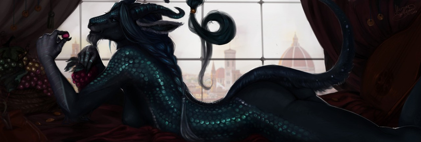 anthro breasts dragon female hair horn lying nipples on_front scales solo thescarletartist