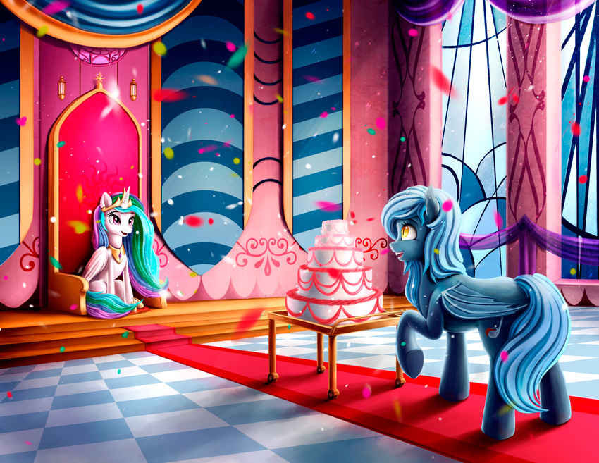 blue_hair cake cutie_mark detailed_background duo equine eyelashes fan_character female feral food friendship_is_magic hair horn l1nkoln mammal membranous_wings multicolored_hair my_little_pony princess_celestia_(mlp) sitting smile standing winged_unicorn wings yellow_eyes