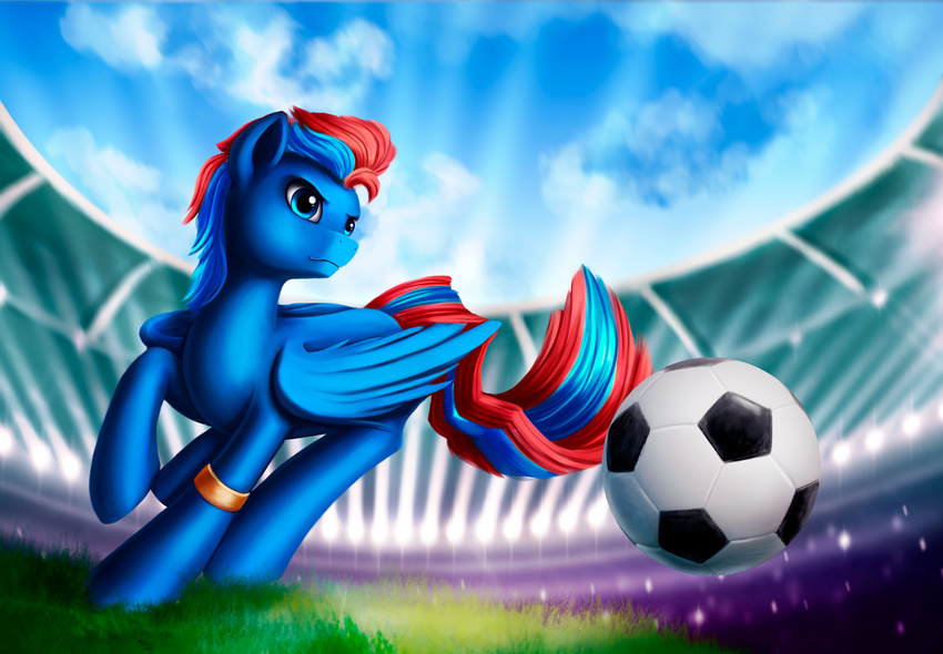blue_feathers blue_hair cutie_mark day detailed_background equine fan_character feathered_wings feathers feral football_(disambiguation) grass hair hooves l1nkoln male mammal my_little_pony outside pegasus red_hair sky smile solo wings