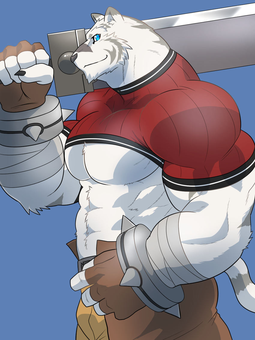 2017 abs anthro biceps clothed clothing feline fur grimoire_of_zero keijimohumohu male mammal mercenary_(character) muscular muscular_male tiger white_fur