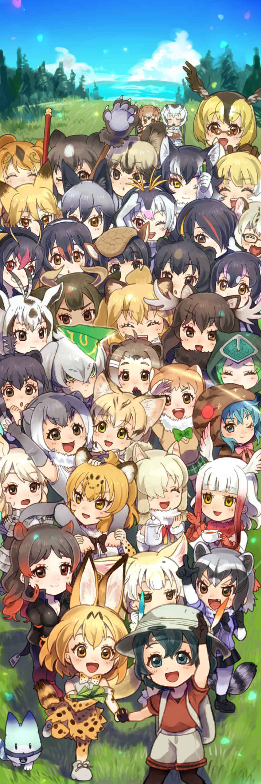 &gt;:( :d :o ;) ;d ^_^ ^o^ absurdres african_wild_dog_(kemono_friends) ahoge alpaca_ears alpaca_suri_(kemono_friends) american_beaver_(kemono_friends) animal_ears animal_hood ankle_boots antenna_hair antlers aqua_hair arabian_oryx_(kemono_friends) arm_up armadillo_ears armor armpits aurochs_(kemono_friends) backpack bag bangs bangs_pinned_back bare_shoulders bear_ears bear_paw_hammer beaver_ears beige_legwear beige_sweater beige_vest beniko08 beret bird_wings black-tailed_prairie_dog_(kemono_friends) black_gloves black_hair black_jacket black_legwear black_ribbon black_skirt blonde_hair blue_eyes blue_shirt blue_sky blunt_bangs blush boots bow bowtie breasts brown-framed_eyewear brown_bear_(kemono_friends) brown_coat brown_eyes brown_hair brown_hat buttons campo_flicker_(kemono_friends) carrying cat_ears chair chibi circlet cleavage cloak closed_eyes cloud coat common_raccoon_(kemono_friends) covering_mouth cow_ears crested_porcupine_(kemono_friends) crossed_bangs cup dark_skin day dog_ears dot_nose drawstring drink eating elbow_gloves emperor_penguin_(kemono_friends) eurasian_eagle_owl_(kemono_friends) everyone eyebrows eyebrows_visible_through_hair eyelashes ezo_red_fox_(kemono_friends) facing_another facing_away facing_viewer fang fennec_(kemono_friends) fingerless_gloves fox_ears fox_tail frilled_sleeves frills frown full_body fur-trimmed_gloves fur-trimmed_sleeves fur_collar fur_trim gentoo_penguin_(kemono_friends) giant_armadillo_(kemono_friends) giraffe_ears giraffe_horns glasses gloves golden_snub-nosed_monkey_(kemono_friends) gradient_hair gradient_legwear gradient_ribbon grass green_bow green_hair green_neckwear green_skirt grey_coat grey_gloves grey_hair grey_swimsuit grey_wolf_(kemono_friends) grin hair_between_eyes hair_bun hair_ornament hair_over_one_eye hair_ribbon hairclip hand_on_another's_head hand_on_own_forehead hand_up hands_up happy hat hat_feather head_wings headphones heart heart_in_mouth helmet high-waist_skirt high_ponytail highres hippopotamus_(kemono_friends) hippopotamus_ears holding holding_cup holding_hands holding_paper holding_pencil holding_spoon hood hooded_cloak hoodie horizontal_stripes horns humboldt_penguin_(kemono_friends) index_finger_raised jacket jaguar_(kemono_friends) jaguar_ears japanese_black_bear_(kemono_friends) japanese_crested_ibis_(kemono_friends) japari_symbol jitome kaban_(kemono_friends) kemono_friends kettle leather_suit leg_lift light_brown_hair lion_(kemono_friends) lion_ears long_hair long_sleeves looking_at_another looking_to_the_side low_twintails lucky_beast_(kemono_friends) mane margay_(kemono_friends) monkey_ears moose_(kemono_friends) moose_ears multicolored multicolored_clothes multicolored_hair multicolored_jacket multicolored_legwear multicolored_ribbon multicolored_swimsuit multiple_girls neck_ribbon no_shoes northern_white-faced_owl_(kemono_friends) one-piece_swimsuit one_eye_closed open_hand open_hands open_mouth orange_eyes orange_hair oryx_ears otter_ears otter_tail outdoors panther_chameleon_(kemono_friends) pantyhose paper paper_airplane parted_bangs pencil pince-nez pink_hair pink_ribbon pith_helmet plaid plaid_skirt pleated_skirt pointing ponytail porcupine_ears prairie_dog_ears puffy_short_sleeves puffy_sleeves raccoon_ears raccoon_tail raised_eyebrows red_eyes red_gloves red_hair red_ribbon red_shirt reticulated_giraffe_(kemono_friends) rhinoceros_ears ribbon ringlets rockhopper_penguin_(kemono_friends) royal_penguin_(kemono_friends) running salute sand_cat_(kemono_friends) sandstar sanpaku serval_(kemono_friends) serval_ears serval_print serval_tail shirt shoe_ribbon shoebill_(kemono_friends) short_hair short_sleeves shorts shoulder_carry sidelocks silver_fox_(kemono_friends) sitting skirt sky sleeve_cuffs small-clawed_otter_(kemono_friends) smile sparkle spoon spoon_in_mouth spotted_hair staff standing streaked_hair striped striped_hood striped_hoodie striped_tail sweat sweater swept_bangs swimsuit tail tareme tea teacup teeth thick_eyebrows thighhighs toeless_legwear toenails toes tree tress_ribbon tsuchinoko_(kemono_friends) tsurime turtleneck twintails two-tone_hair upper_body upper_teeth v-shaped_eyebrows vest wavy_hair weapon white_footwear white_gloves white_hair white_jacket white_rhinoceros_(kemono_friends) white_shirt white_swimsuit wide_sleeves wings wolf_ears yellow_eyes yellow_ribbon zettai_ryouiki |d