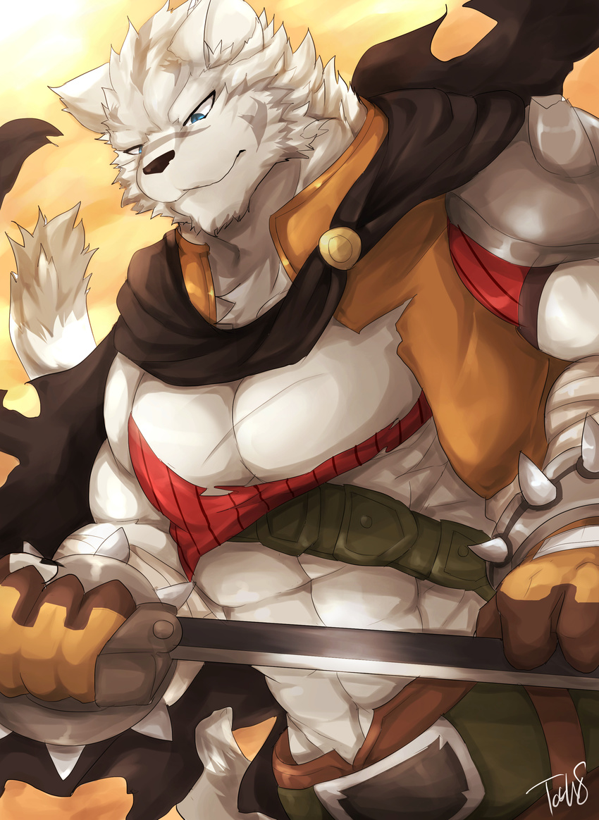 2017 abs anthro biceps clothed clothing feline fur grimoire_of_zero male mammal melee_weapon mercenary_(character) muscular muscular_male sword tach8 tiger weapon white_fur