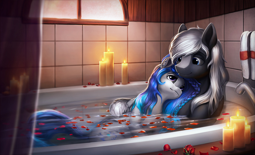 blue_eyes blue_hair braided_hair candle duo ear_piercing equine fan_character feral hair hi_res hooves l1nkoln mammal my_little_pony partially_submerged piercing smile white_hair window