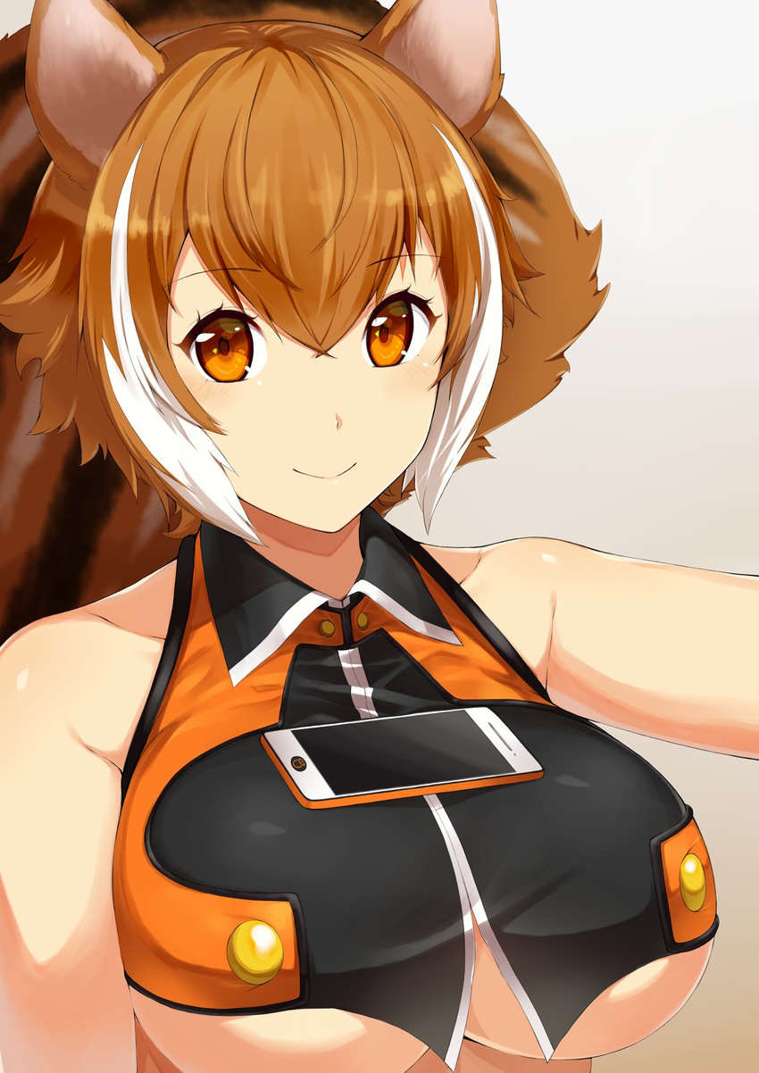 animal_ears bare_shoulders blazblue breasts brown_hair cellphone crop_top highres large_breasts looking_at_viewer makoto_nanaya multicolored_hair orange_eyes phone purinnssu revealing_clothes short_hair smile solo squirrel_ears squirrel_girl squirrel_tail tail tawawa_challenge two-tone_hair underboob upper_body