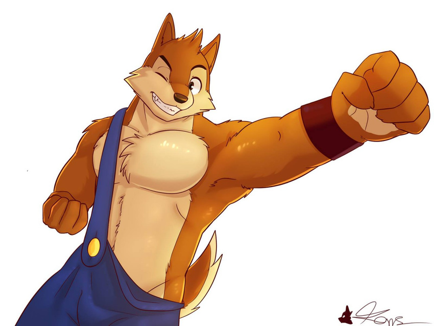 2017 anthro biceps canine chest_tuft clothed clothing digital_media_(artwork) faxclington_korrs fur hat male mammal muscular muscular_male one_eye_closed overalls pecs simple_background smile solo teeth tuft white_background wink wolf wristband wuffle wuffle_(webcomic)