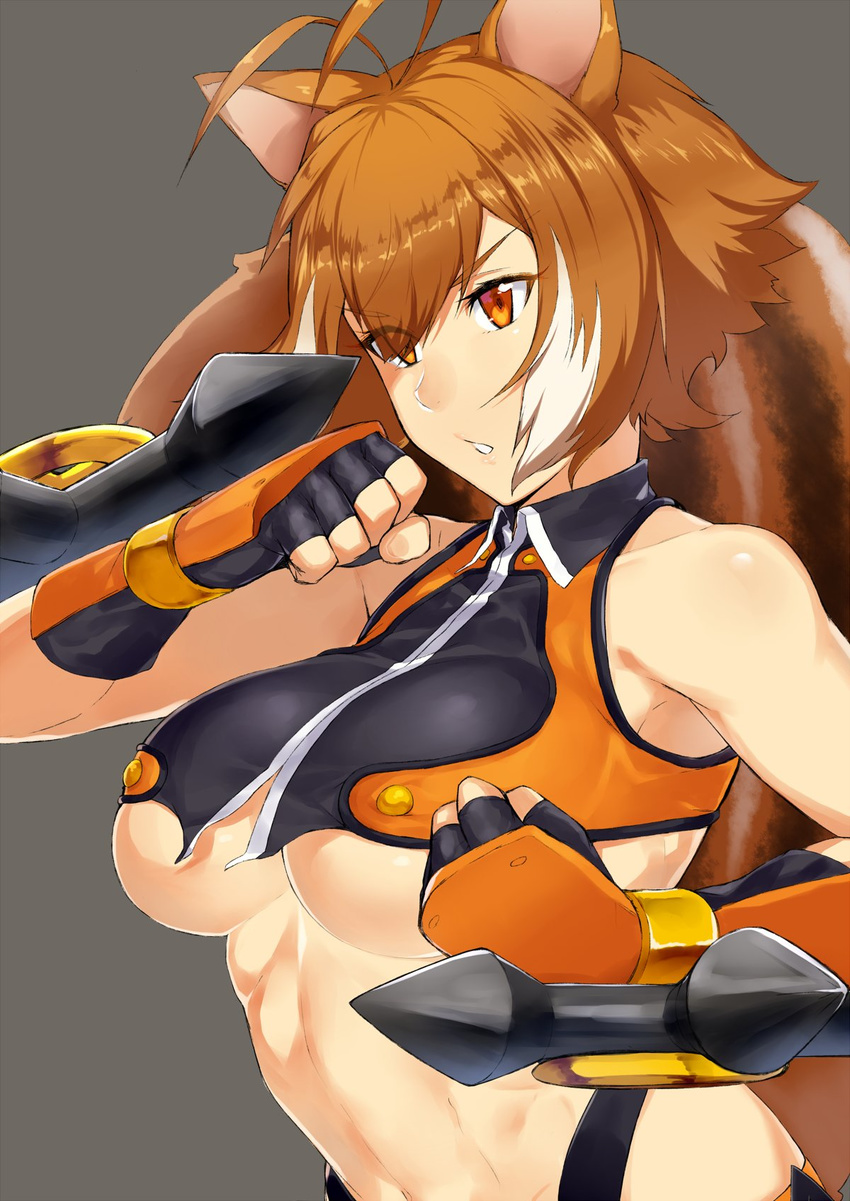 animal_ears antenna_hair bare_shoulders blazblue breasts brown_hair chestnut_mouth clenched_hands crop_top dual_wielding fingerless_gloves gloves highleg highleg_panties highres holding large_breasts makoto_nanaya multicolored_hair orange_eyes panties purinnssu revealing_clothes short_hair simple_background solo squirrel_ears squirrel_girl squirrel_tail tail tonfa two-tone_hair underboob underwear upper_body weapon