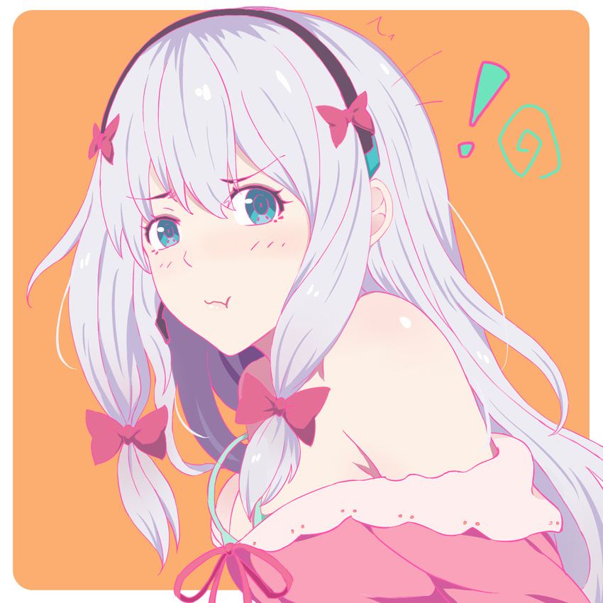 /\/\/\ 1girl :t aqua_bra aqua_eyes bangs bare_shoulders border bra breasts commentary_request dress eromanga_sensei eyebrows_visible_through_hair from_side highres illusionk izumi_sagiri long_hair looking_at_viewer looking_to_the_side medium_breasts off-shoulder_dress off_shoulder orange_background outside_border pink_dress pout shiny shiny_skin sidelocks silver_hair simple_background solo tareme underwear upper_body v-shaped_eyebrows white_border