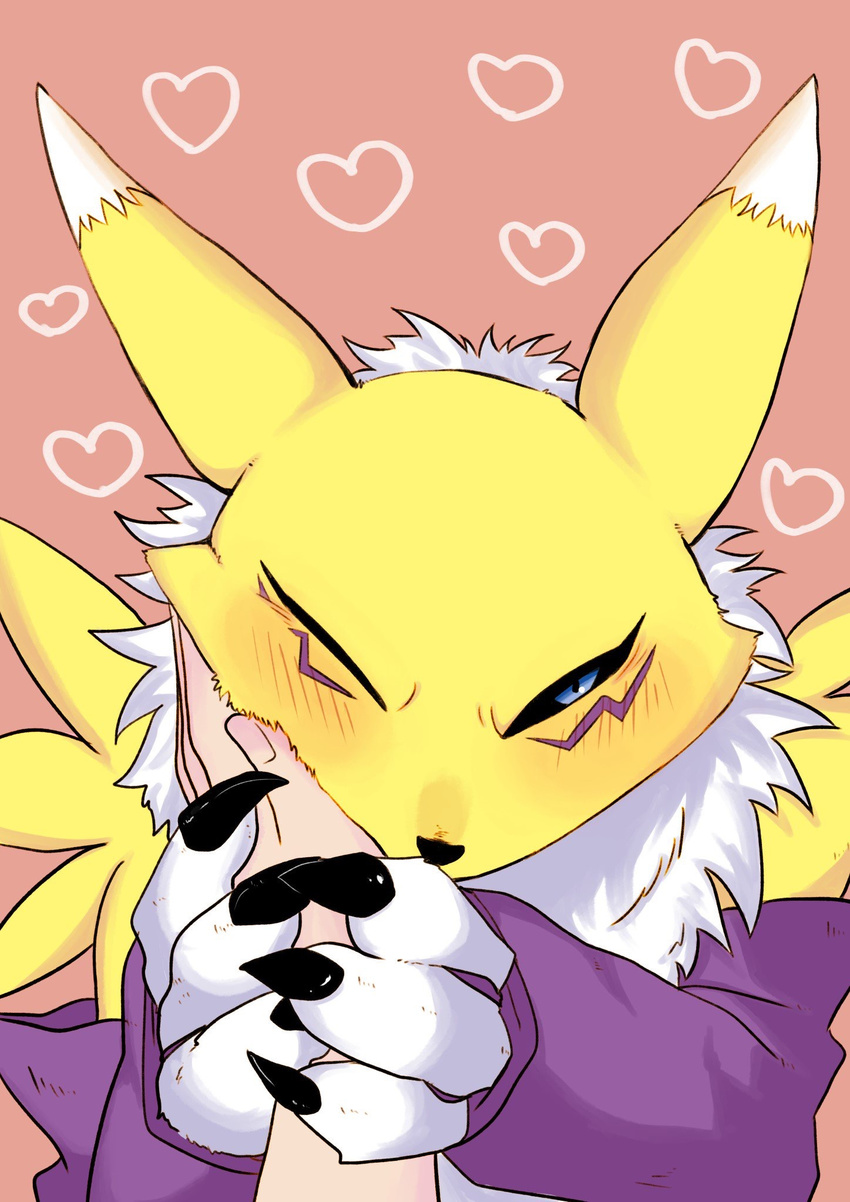 &lt;3 1mutuki9 ambiguous_gender armwear black_nose black_sclera blue_eyes blush bridal_gauntlets caress chest_tuft claws clothing digimon disembodied_hand first_person_view fur looking_at_viewer one_eye_closed pink_background renamon simple_background tuft white_fur yellow_fur