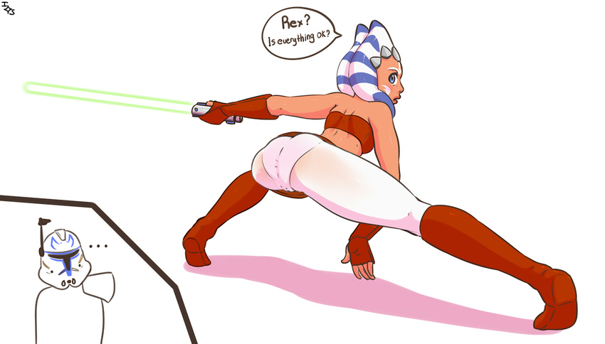 ... ahsoka_tano alien armor blue_eyes boots butt clothing dialogue english_text female footwear helmet human humanoid immortalstar lightsaber looking_back male mammal not_furry shadow simple_background solo_focus speech_bubble star_wars text togruta white_background