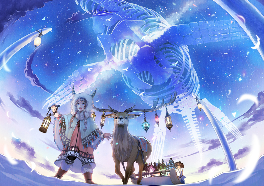 :d antlers bangs bird black_legwear blue_eyes blue_sky blurry boots braid brown_footwear brown_hair cloak cloud deer feathers flying_whale fringe_trim fur-trimmed_boots fur-trimmed_sleeves fur_trim highres holding_lantern hood hood_up horn_ornament horns kirinosuke lantern long_hair long_sleeves looking_away looking_up open_mouth original outdoors silhouette skeleton sky sled sleigh smile snow solo standing star_(sky) starry_sky steam surreal teeth tusks twin_braids whale winter_clothes