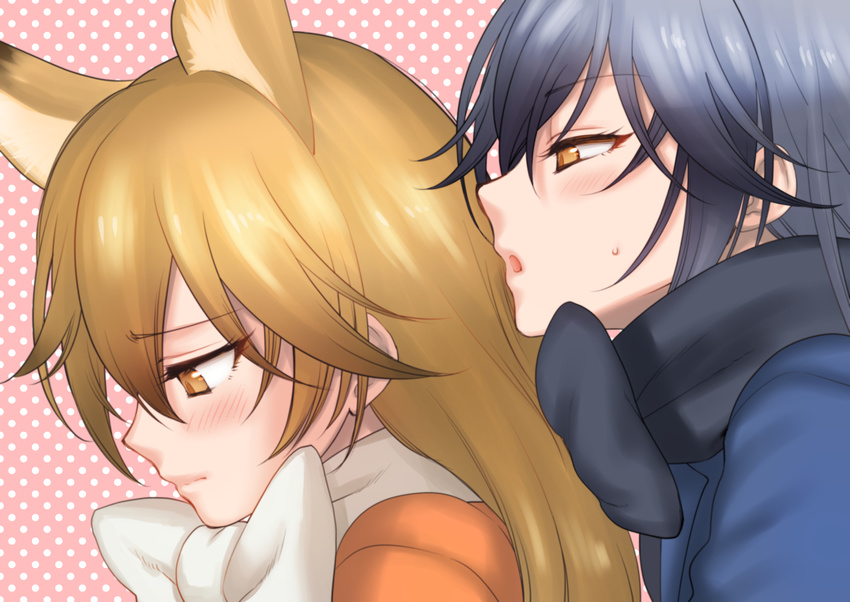 animal_ears bangs black_hair blush brown_eyes brown_hair close-up closed_mouth commentary_request extra_ears eyebrows_visible_through_hair ezo_red_fox_(kemono_friends) fox_ears from_side gradient_hair grey_hair kemono_friends long_hair looking_at_another looking_down multicolored_hair multiple_girls parted_lips pink_background polka_dot polka_dot_background shoukaki_(earthean) silver_fox_(kemono_friends) sweatdrop upper_body