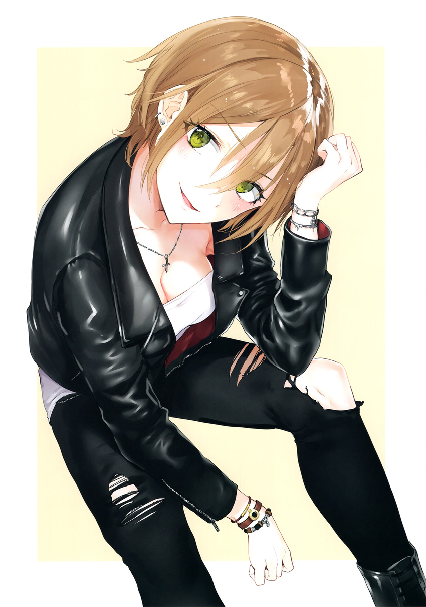 absurdres bracelet breasts brown_hair cleavage cross cross_necklace earrings green_eyes highres idolmaster idolmaster_cinderella_girls jacket jewelry kimura_natsuki leather leather_jacket looking_at_viewer medium_breasts necklace nekometaru open_mouth ripped_jeans scan short_hair smile solo