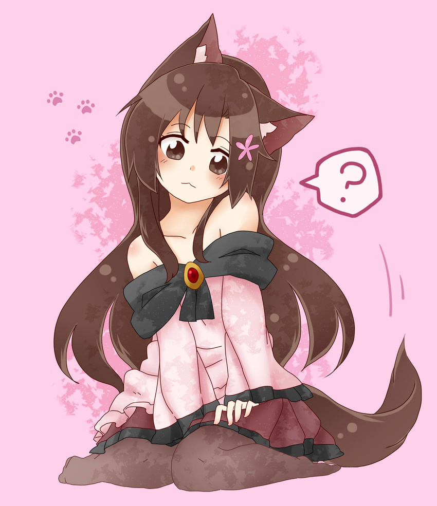 :3 ? animal_ears bare_shoulders blouse blush brown_eyes brown_hair collarbone commentary_request head_tilt highres imaizumi_kagerou long_hair off_shoulder pantyhose pink_background pink_blouse red_skirt sidelocks sitting skirt solo spoken_question_mark tail totoharu_(kujirai_minato) touhou very_long_hair wariza wolf_ears wolf_tail