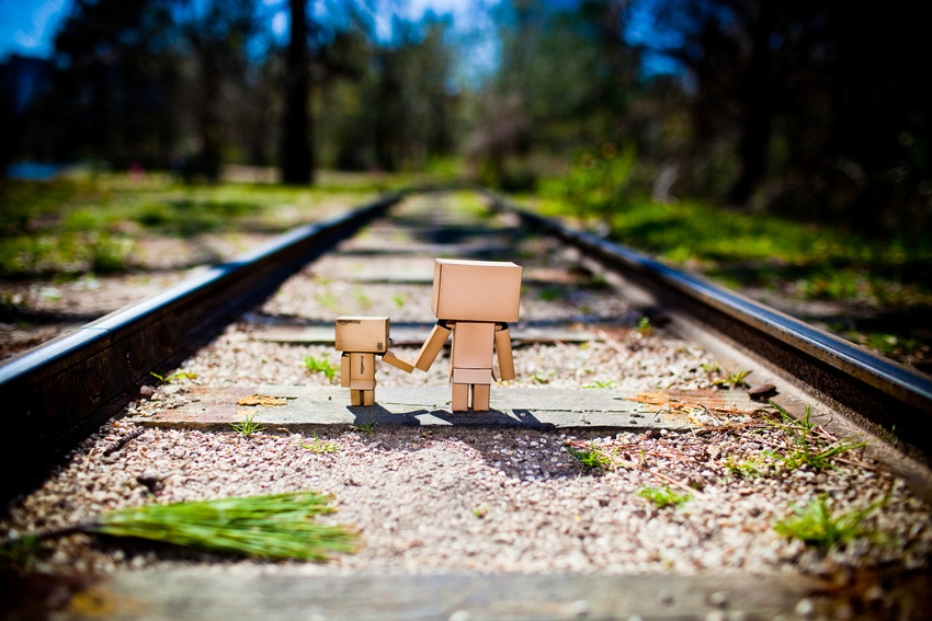 danboo day figure full_body hand_holding minimized outdoors source_request toy train_tracks yotsubato!