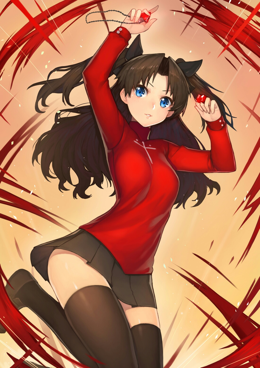 arms_up bangs black_hair black_legwear black_skirt blue_eyes fate/stay_night fate_(series) gem glowing hair_ribbon highres jam_(nandade) jewelry long_hair parted_bangs parted_lips pendant pleated_skirt ribbon skirt solo sweater thighhighs toosaka_rin turtleneck turtleneck_sweater two_side_up zettai_ryouiki