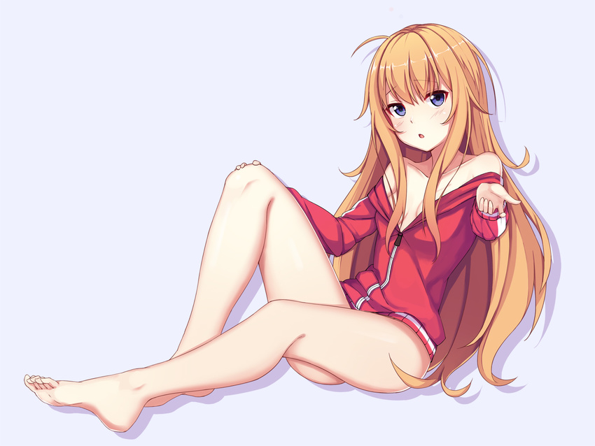 bare_shoulders barefoot blonde_hair blue_background blush breasts collarbone eyebrows_visible_through_hair from_side full_body gabriel_dropout hand_on_own_knee head_tilt huan_(hao7551789) jacket long_hair looking_at_viewer messy_hair open_mouth purple_eyes red_jacket silhouette simple_background sitting small_breasts solo tenma_gabriel_white track_jacket very_long_hair