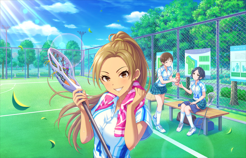alternate_costume artist_request bag bench blue_hair blue_skirt blue_sky bottle breasts brown_eyes brown_hair checkered checkered_skirt closed_eyes cloud day grin hayami_kanade idolmaster idolmaster_cinderella_girls idolmaster_cinderella_girls_starlight_stage kneehighs lacrosse lacrosse_stick leaf looking_at_another looking_at_viewer low_ponytail matsunaga_ryou medium_breasts multiple_girls nitta_minami official_art pleated_skirt ponytail sitting skirt sky smile sunlight sweat towel towel_around_neck water_bottle wind yellow_eyes