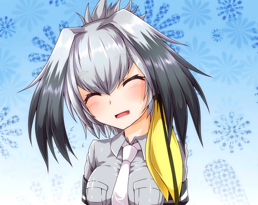 blue_background blush breasts closed_eyes collared_shirt facing_viewer feathers g_(desukingu) head_wings kemono_friends large_breasts necktie shirt shoebill_(kemono_friends) simple_background smile solo upper_body