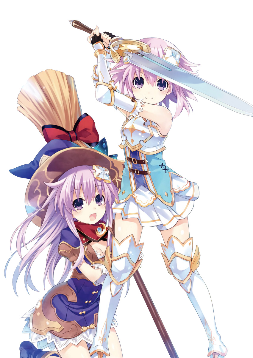 &gt;:) :d absurdres armor armored_boots bare_shoulders boots breastplate breasts broom dress elbow_gloves eyebrows_visible_through_hair feathers fingerless_gloves four_goddesses_online:_cyber_dimension_neptune gauntlets gloves greaves hair_ornament hat highres holding holding_weapon knee_boots kneeling long_hair looking_at_viewer multiple_girls nepgear neptune_(choujigen_game_neptune) neptune_(series) official_art open_mouth purple_eyes purple_hair short_dress short_hair short_sleeves skirt sleeveless small_breasts smile sword thighhighs transparent_background tsunako v-shaped_eyebrows weapon witch_hat zettai_ryouiki