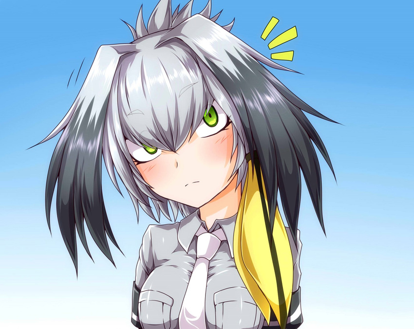 blue_background blush breasts collared_shirt feathers g_(desukingu) green_eyes head_wings kemono_friends large_breasts looking_at_viewer necktie shirt shoebill_(kemono_friends) simple_background smile solo upper_body