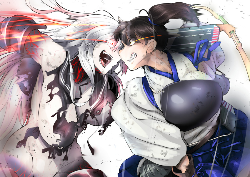 aircraft_carrier_hime battle blue_hakama bow_(weapon) brown_eyes brown_hair commentary_request duel flight_deck gloves glowing glowing_eyes hakama highres holding holding_bow_(weapon) holding_weapon japanese_clothes kaga_(kantai_collection) kantai_collection long_hair multiple_girls muneate open_mouth partly_fingerless_gloves red_eyes ryuun_(stiil) sailor_collar shinkaisei-kan side_ponytail tasuki torn_clothes weapon white_hair yugake