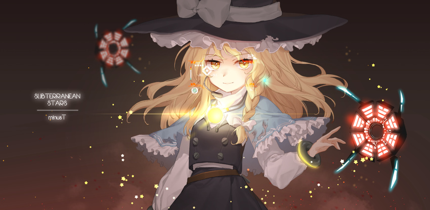 black_skirt blonde_hair bow braid buttons capelet commentary_request floating_hair hair_bow hajin hat hat_bow kirisame_marisa light_smile long_hair long_sleeves looking_at_viewer microphone mini-hakkero side_braid skirt skirt_set solo touhou vest white_bow witch_hat yellow_eyes