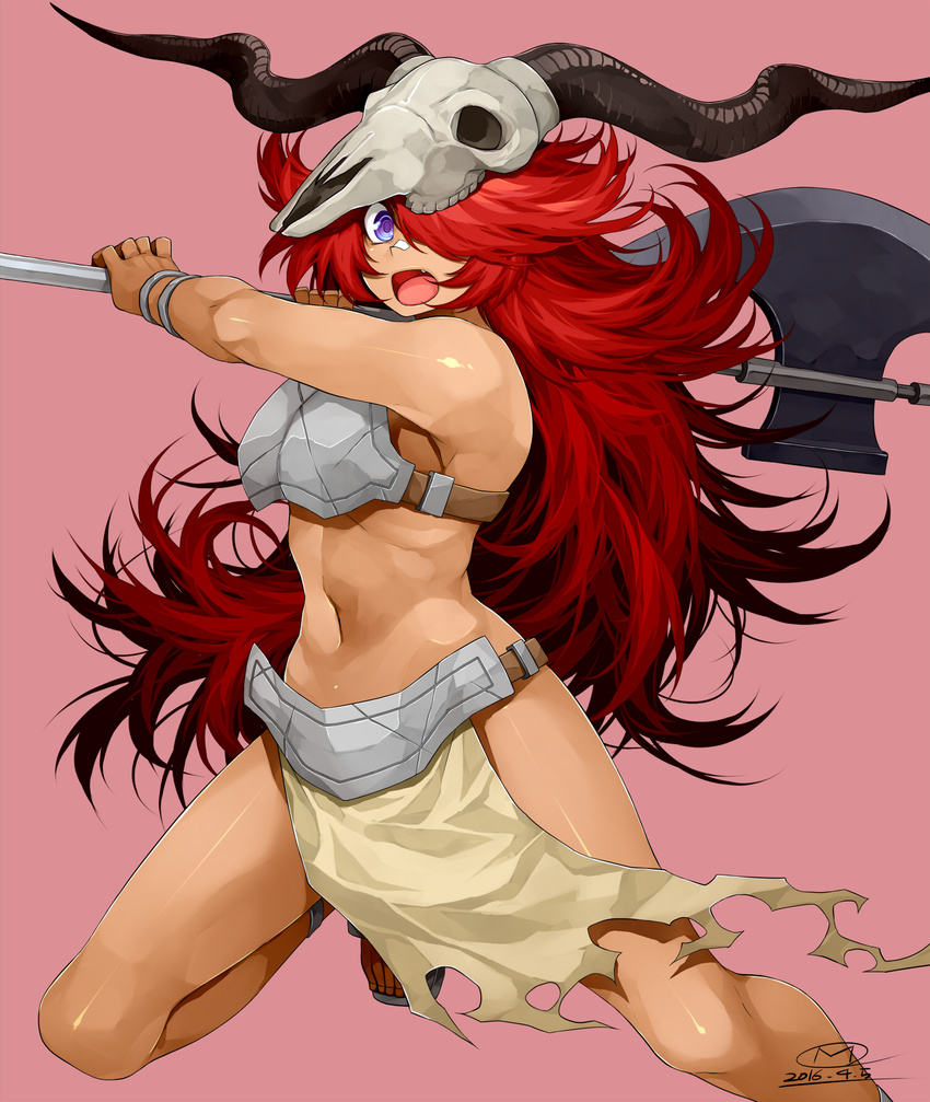 axe bandaid bandaid_on_nose battle_axe breastplate dark_skin dated fang hair_over_one_eye happa_(cloverppd) highres holding holding_axe leg_up loincloth long_hair number open_mouth original pink_background purple_eyes red_hair sandals simple_background skull_helmet solo very_long_hair weapon