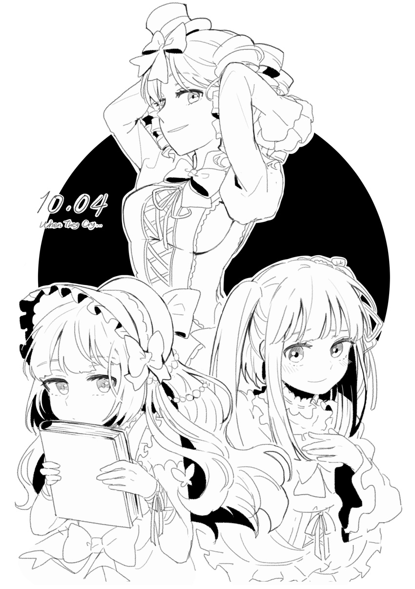 absurdres arms_up bonnet book bow breasts clair_vaux_bernardus copyright_name dated dress drill_hair furudo_erika gaap greyscale hand_on_own_chest hat highres medium_breasts mini_hat mini_top_hat monochrome multiple_girls sideboob smile top_hat twintails umineko_no_naku_koro_ni yang38