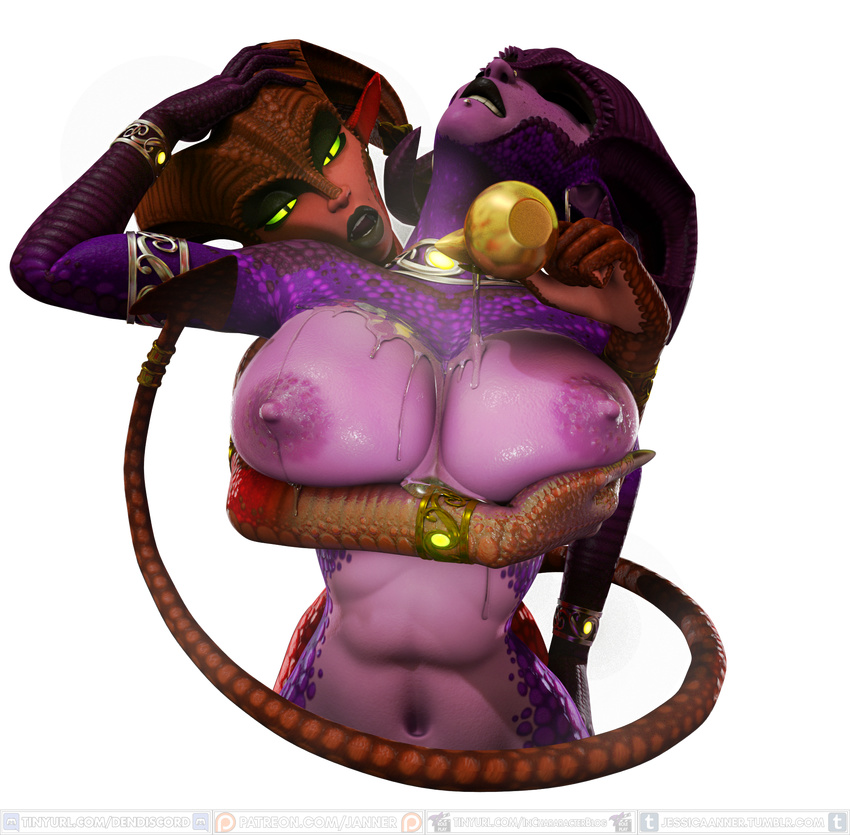 3d_(artwork) absurd_res alpha big_breasts breast_squish breasts cupping_breasts demon digital_media_(artwork) ezria female female/female hi_res jessica_anner nude oil presenting presenting_breasts sibling succubus xelthia