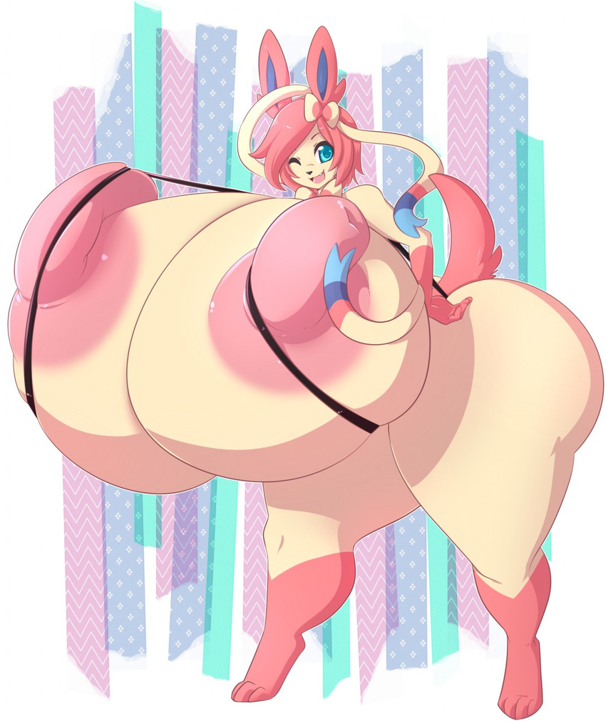 big_breasts bow breasts eeveelution erect_nipples fangs female hair huge_breasts hyper hyper_breasts looking_at_viewer nintendo nipples one_eye_closed pink_hair pok&eacute;mon pose solo spazzykoneko standing sylveon sylvi_(blitza) video_games wide_hips wink