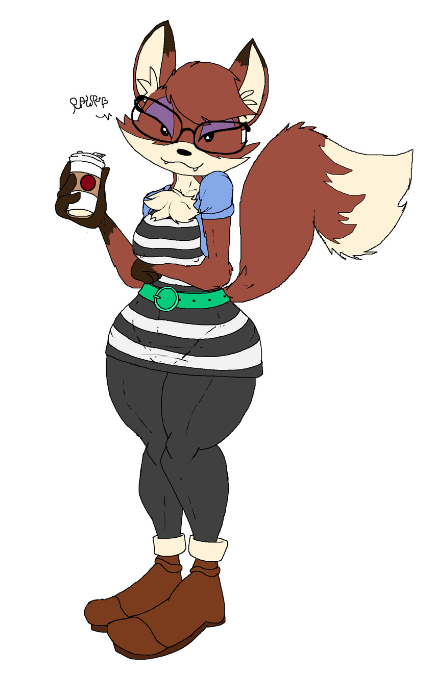 &lt;3 anthro beverage breasts canine chest_tuft clothed clothing coffee cute_fangs dipstick_tail eyeshadow eyewear female fox foxy_(planet_coaster) fully_clothed glasses gloves_(marking) looking_at_viewer makeup mammal markings multicolored_tail nipple_bulge planet_coaster smile solo thick_thighs tuft vinny_van_yiffy wide_hips