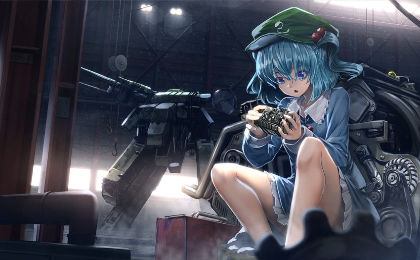 bare_legs blue_dress blue_eyes blue_hair crossover dress hair_bobbles hair_ornament hangar hat highres kawashiro_nitori long_sleeves mecha metal_gear_(series) metal_gear_rex metal_gear_solid ryosios sitting solo toolbox touhou two_side_up window