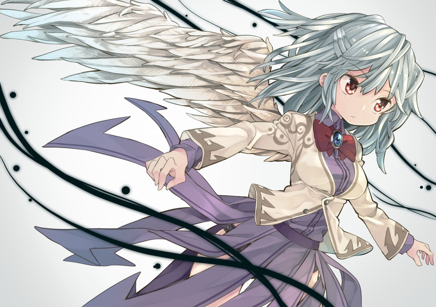 aioi_aoi bangs belt black_panties bow bowtie breasts brooch buttons dress feathered_wings jacket jewelry kishin_sagume lace lace-trimmed_panties long_sleeves medium_breasts panties pleated_dress purple_dress red_bow red_eyes red_neckwear short_dress silver_hair single_wing skirt solo thighs touhou underwear white_wings wings