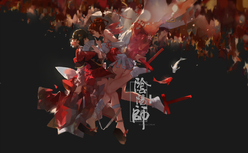 bandaged_leg bandages bare_shoulders black_hair brown_hair commentary demon_girl double_bun eyeshadow face-to-face fan flower folding_fan full_body geta hair_flower hair_ornament highres japanese_clothes kimono koi koi_dance looking_at_another makeup mivit momo_(onmyoji) multiple_girls nail_polish obi oni_horns onmyoji petals platform_footwear red_eyes red_nails sakura_(onmyoji) sash tabi