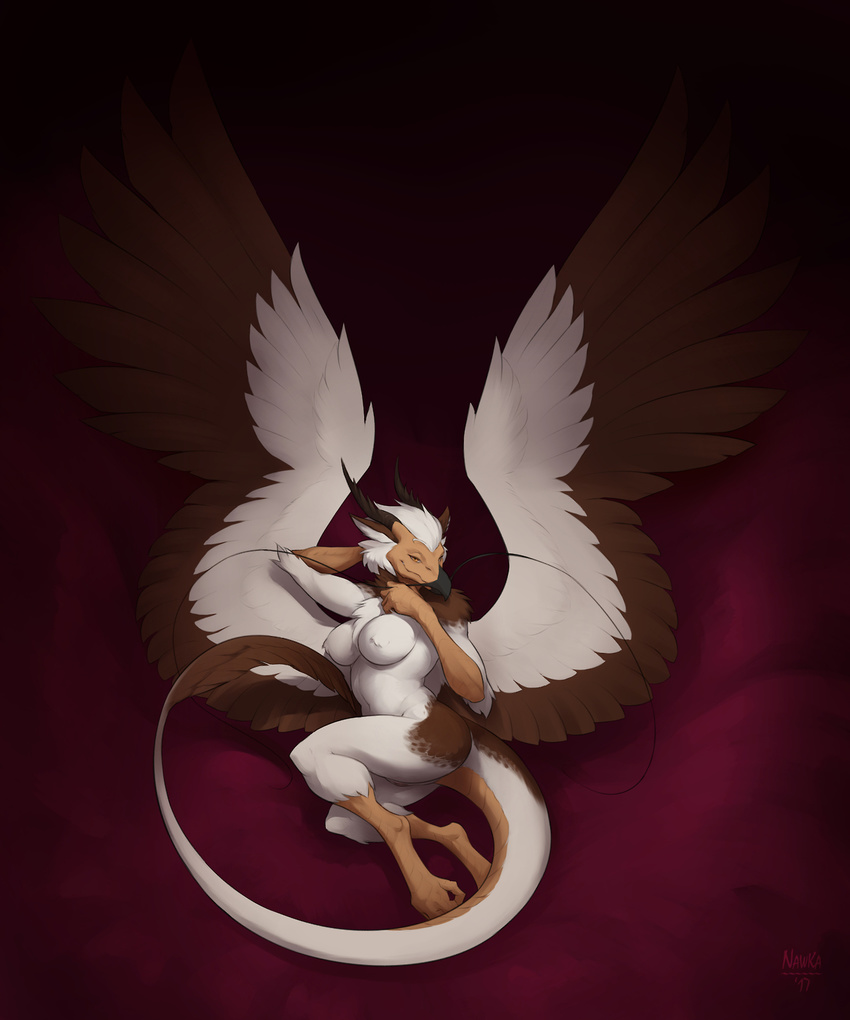 2017 anthro beak big_breasts breasts dragon eastern_dragon egyptian_vulture eva_(ozawk) female horn looking_at_viewer lounging lying navel nawka nude on_side pinup pose pussy seductive solo spread_wings talons whiskers wings