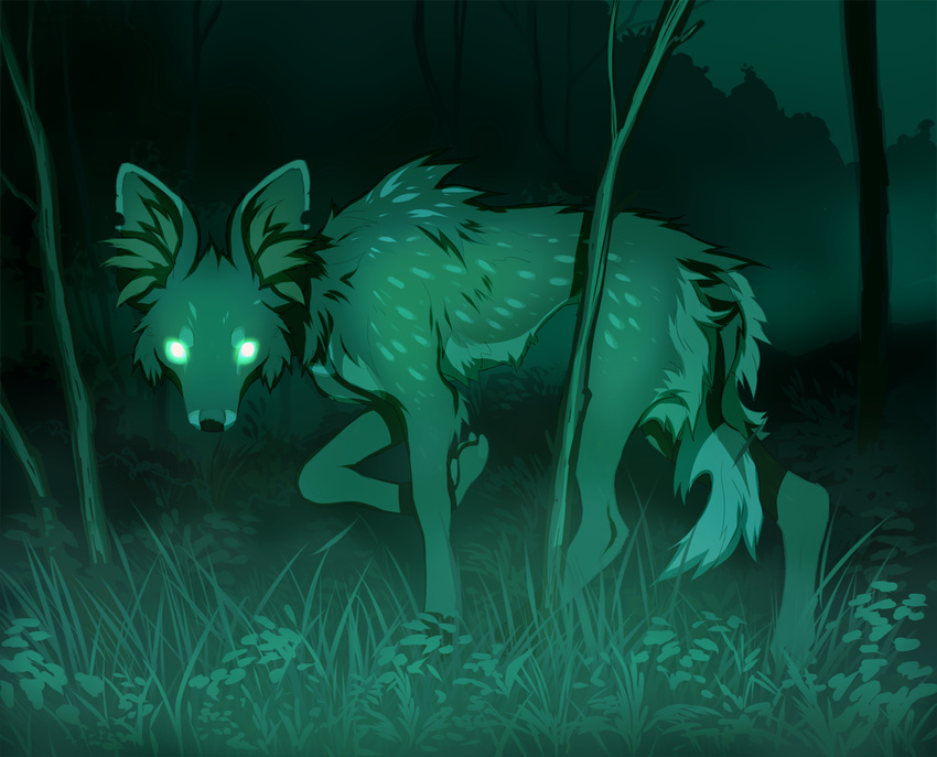 akitamonster ambiguous_gender canine detailed_background feral fur glowing glowing_eyes grass mammal night nightvision outside paws solo standing